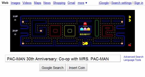 Google.com Logo: PACMAN 30th Anniversary Co-op with MS. PACMAN Google Logo: PAC-MAN 30th Anniversary Co-op with Mrs. PAC-MAN