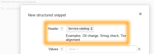 Google AdWords Ad Extension Structured Snippets Header Service Catalog