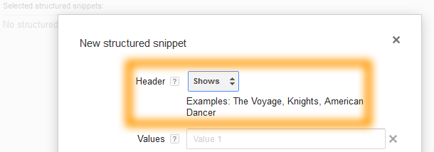 Google AdWords Ad Extension Structured Snippets Header Shows