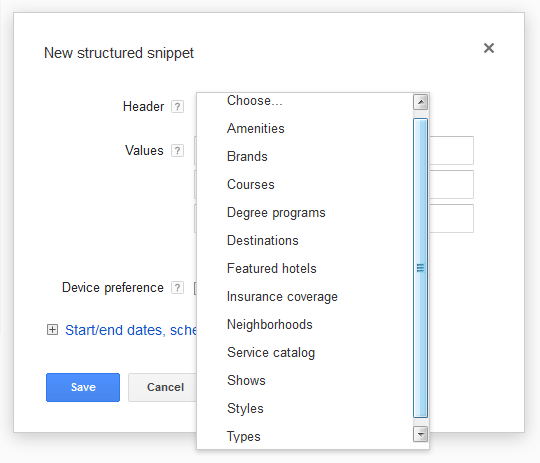 Google AdWords Ad Extension Structured Snippets Header Options