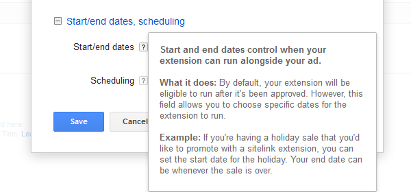 Google AdWords Ad Extension Structured Snippets Start and End Dates note