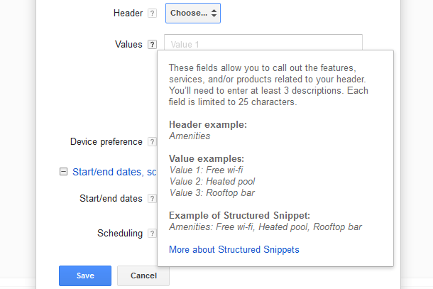 Google AdWords Ad Extension Structured Snippets Values note