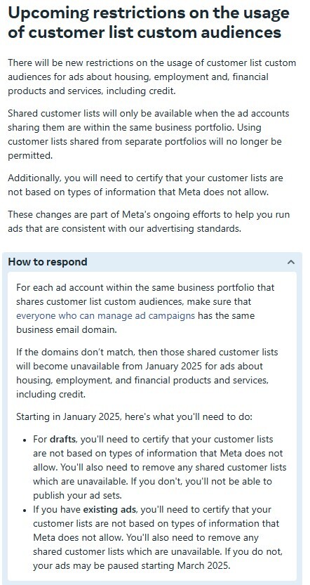Restrictions on Customer Lists for Meta Ads